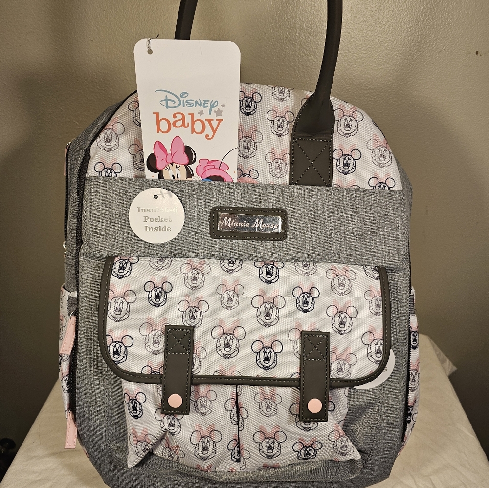 Disney Baby Gray Pink Brown Minnie Mouse Diaper Bag Backpack 14 Pockets NWT